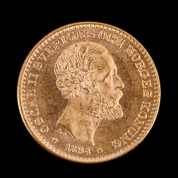 GULDMYNT, 10 kronor, Oscar II, 1894.  Vikt ca 5 gram.