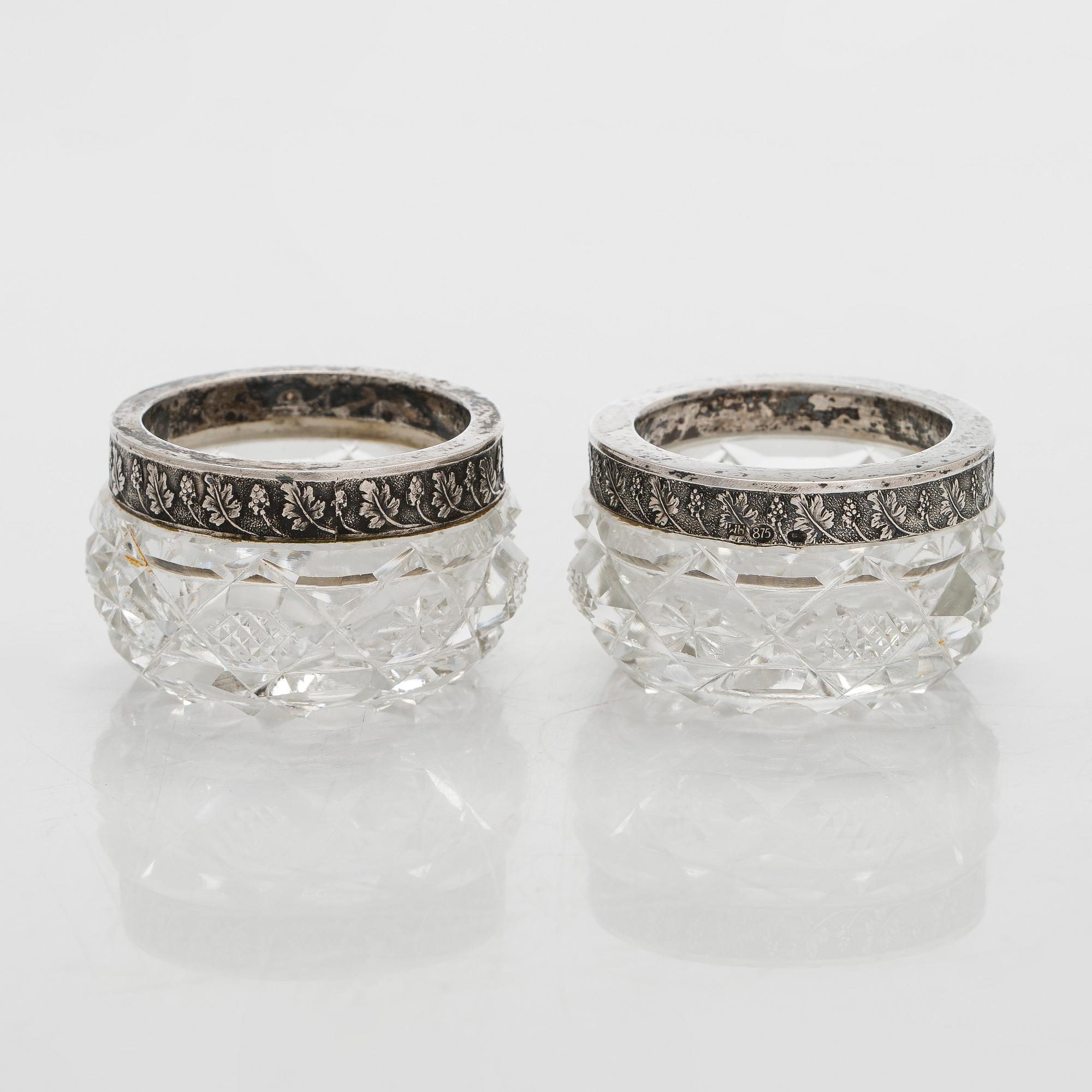 A set of six Estonian glass and silver salt cellars, maker's mark of Hirsch Markowitsch, Tallinn 1922-39.