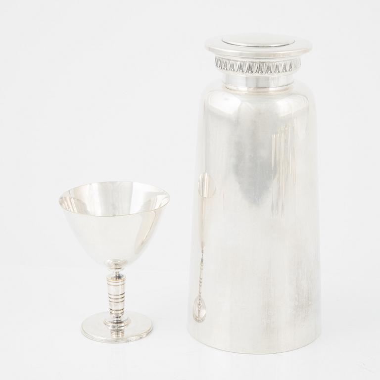 Shaker, tray and cocktail glass, silver plated.