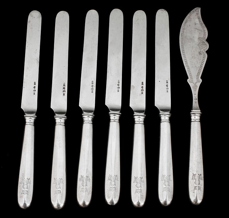 BESTICK, 6+1, silver, Möllenborgt, Stockholm, 1881. Vikt 296g.