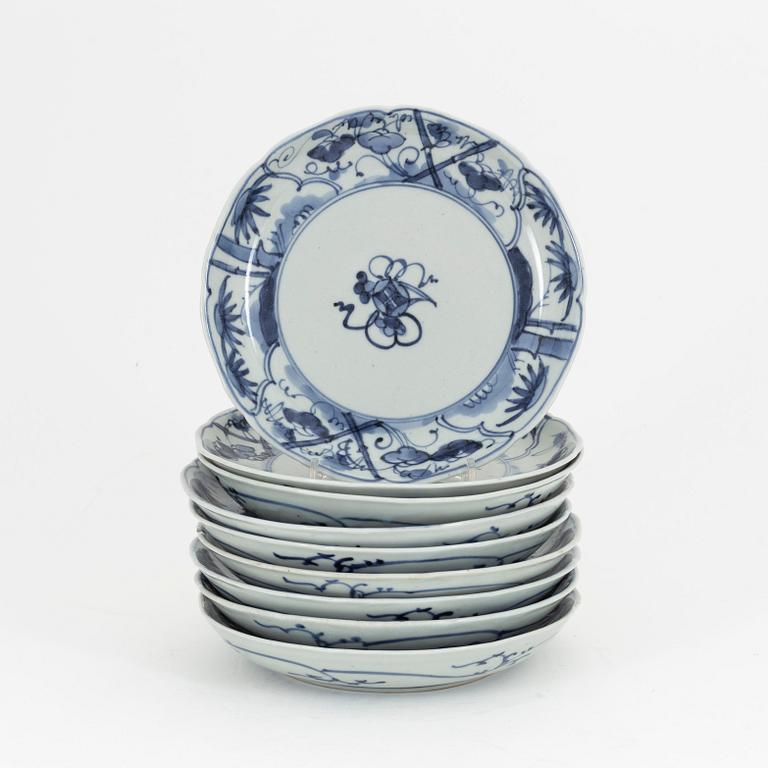 A set of nine blue and white Japanese plates, Meiji period (1868-1912). Meiji period.