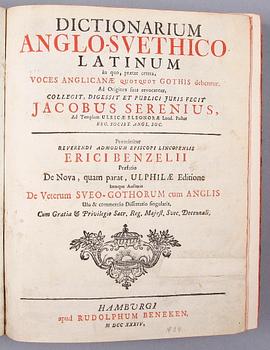 BÖCKER, vol I och II, "Dictionarium Anglo-Svethico, latinum" av Jacob Serenius, Hamburg 1734 resp Stockholm 1761.