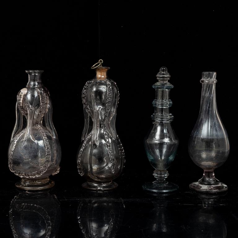 Two Swedish glass flasks and two vinegar bottles, 18th - early 19th century,.