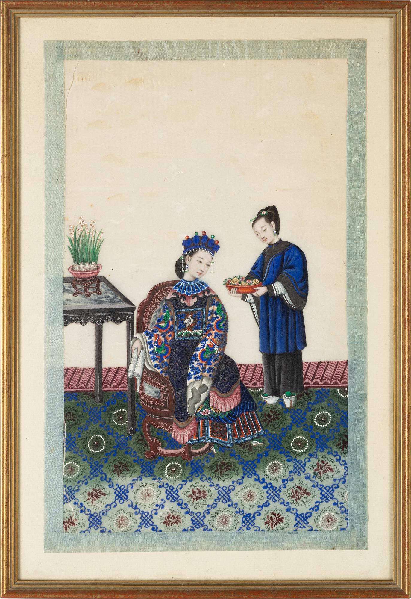 A pair of Chinese gouache paintings on ricepaper, Qing dynasty, 19th century.