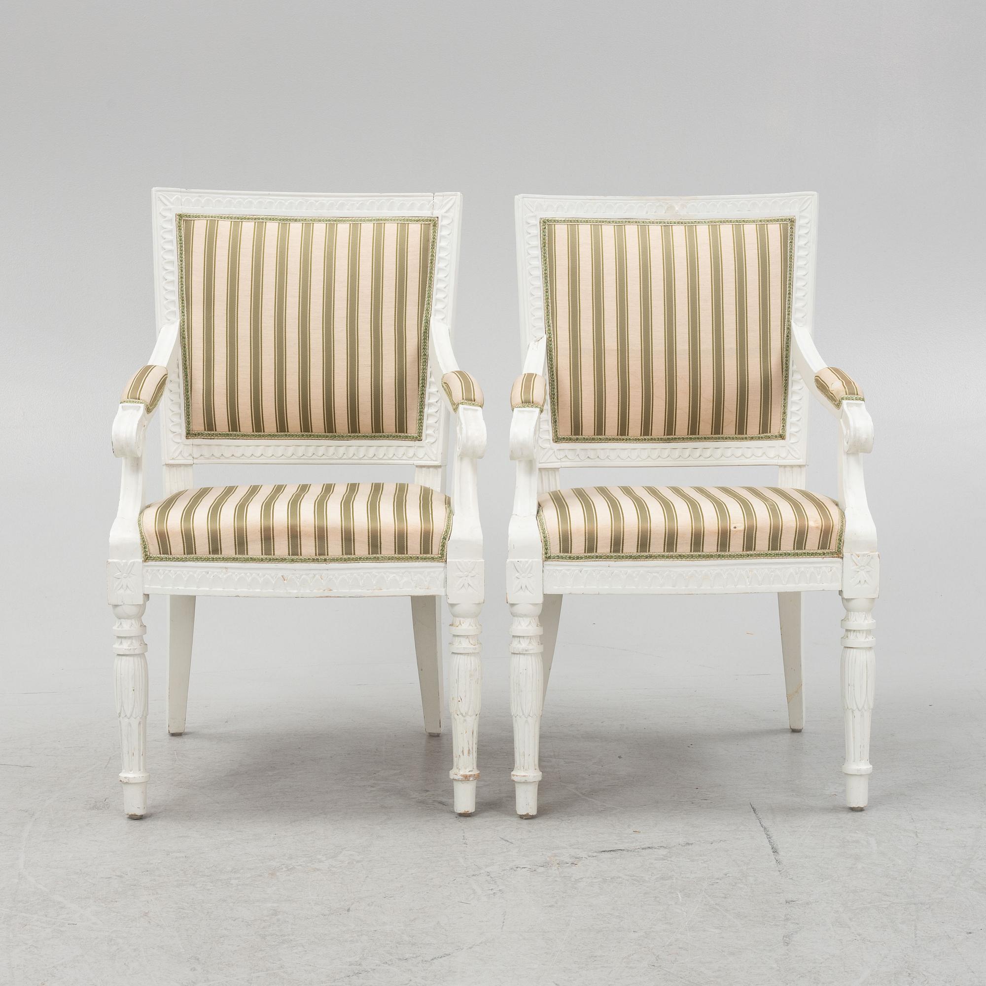 A pair of Gustavian style armchairs, around 1900.