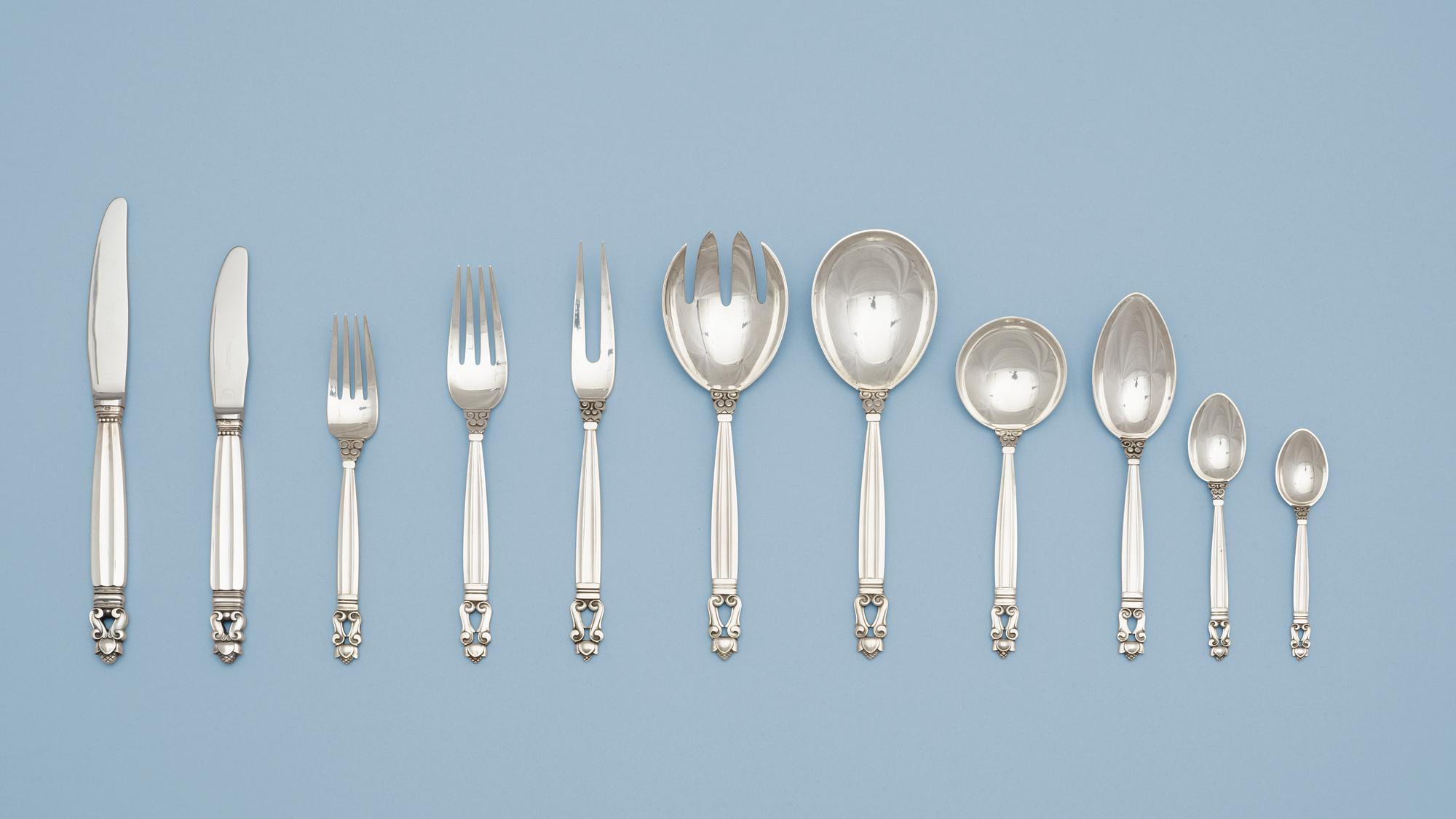 JOHAN ROHDE, bestickuppsättning, 50 delar "Konge/Acorn", Georg Jensen, Köpenhamn 1945-77,