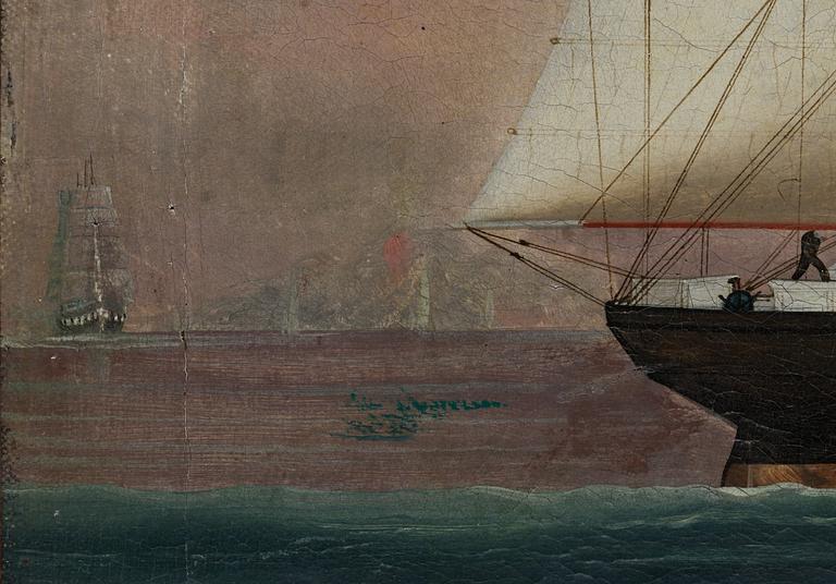 An oil painting by an Anonymous artist of a Danish Eastindiaman at Hong Kong Harbour, 19th Century.