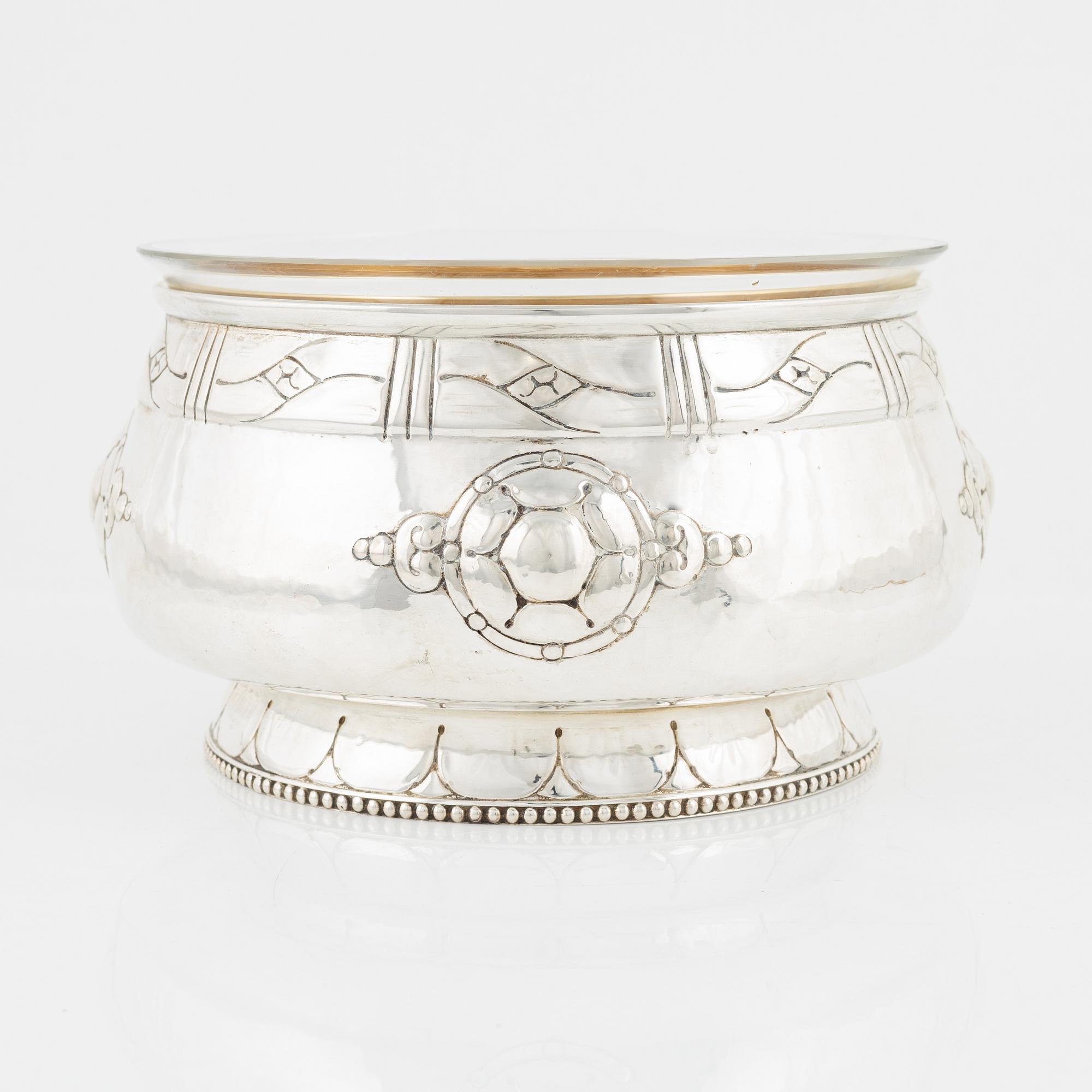 Skål med glasinsats, silver, jugend, Danmark, 1913.