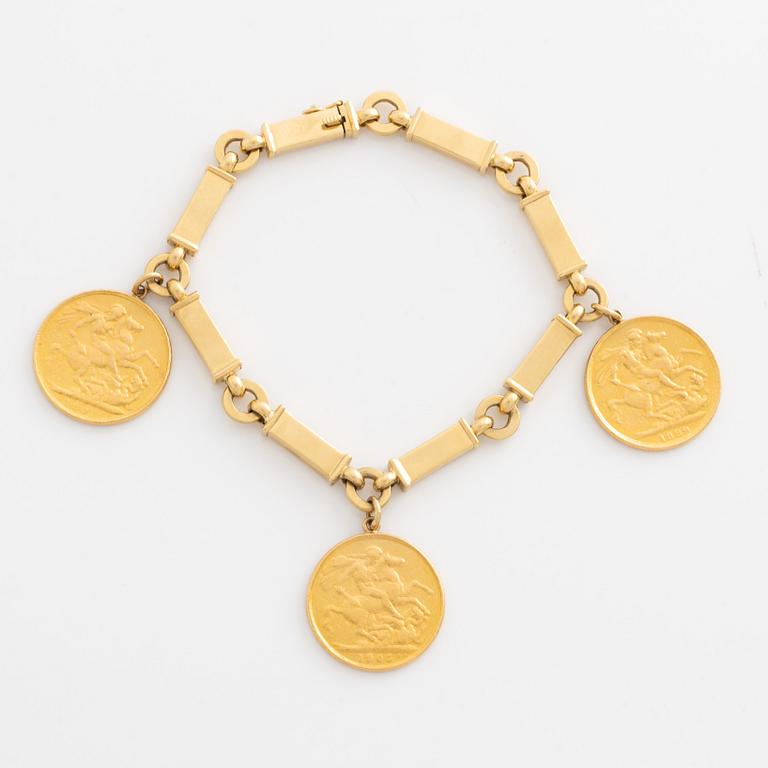 Armband 18K guld, Italien, med guldmynt, sovereign.