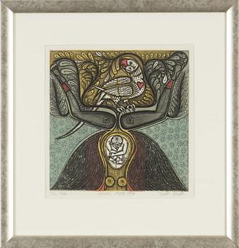 Jyoti Bhatt, etching in colours, 1978, signed AP.