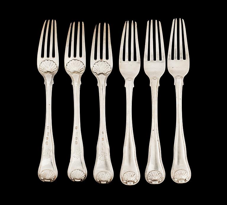A set of six Danish 19th cent silver forks, marks of Copenhagen 1824.