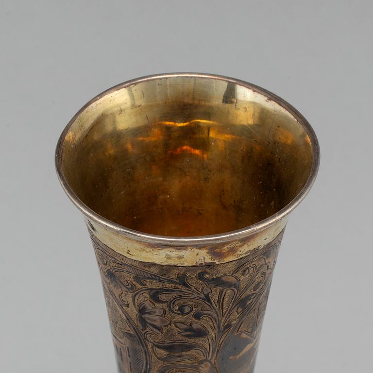 A Russian 19th century silver-gilt and niello champagne flute, unidentified makers mark, Moscow first half of 19th c.