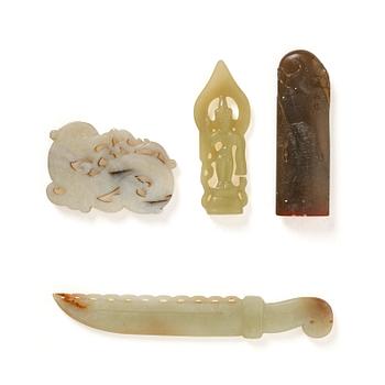 A set of three nephrite sculptures and a soapstone seal, Qing dynasty.