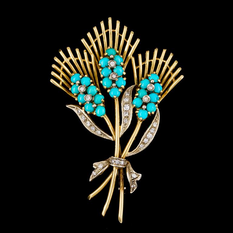 BROOCH, turquoise and brilliant cut diamonds, tot. app 0.25 ct. Italy, 1960's/1970's.