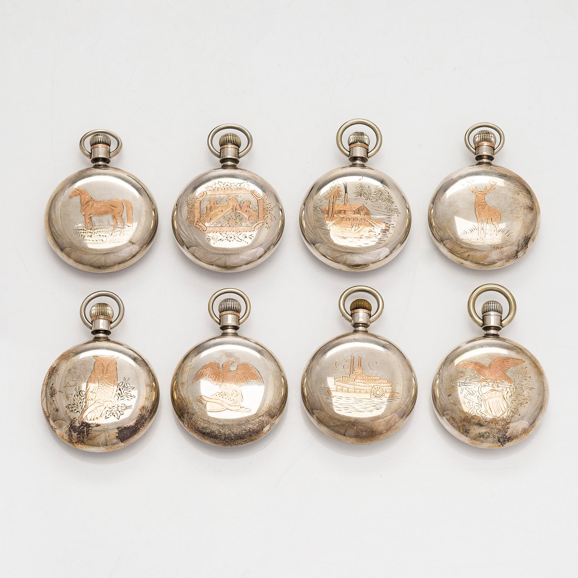 Kokoelma taskukelloja, 16 kpl, hopeaa.