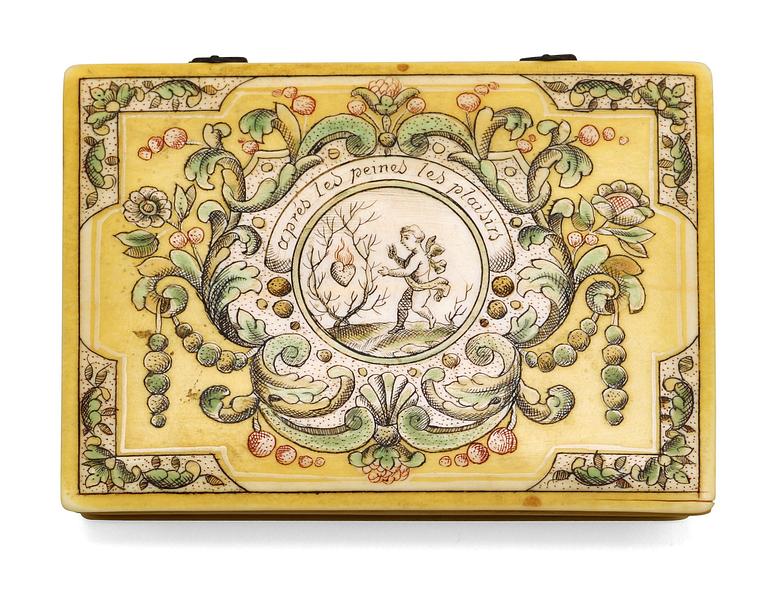 A French 18th century ivory counter box painted in colours signed "Mariaval le Juene a Rouen fecit".