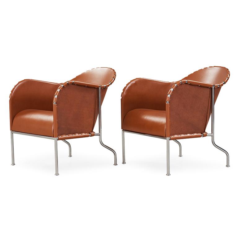 Mats Theselius, A pair of 'Bruno' brown leather and steel easy chairs, Källemo, Sweden.