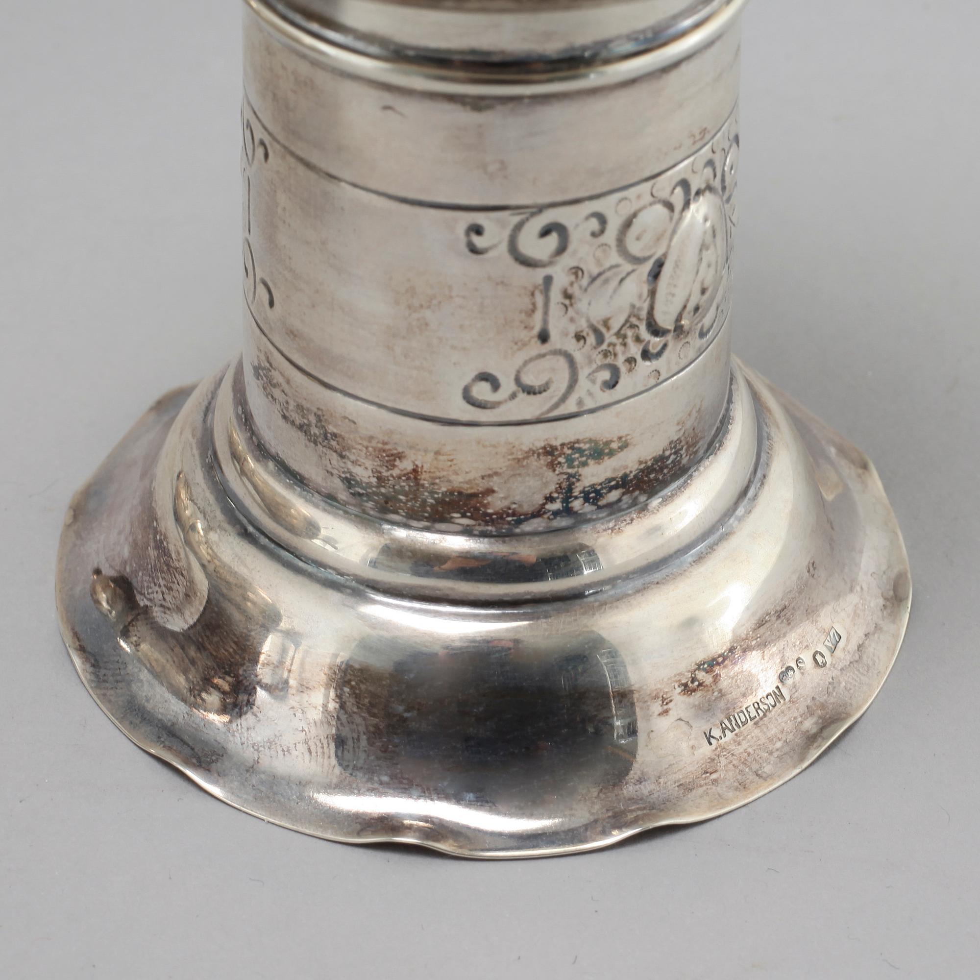 Three silver shakers and chalice, K. Anderson and import marks, first half of the 20th century.
