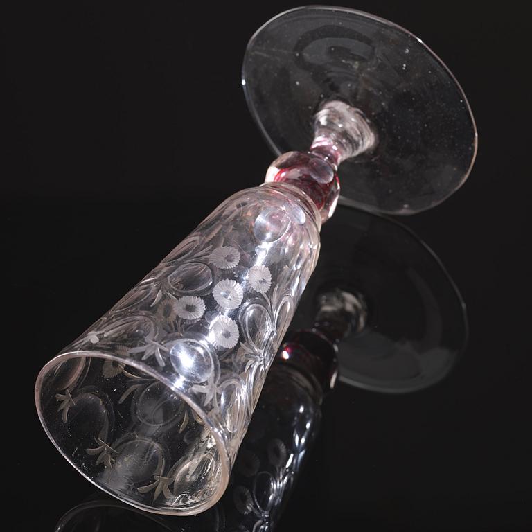 A Bohemian cut and engraved colour twist goblet, first half of the 18th Century.