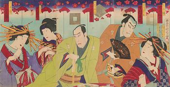 Toyohara Kunichika, triptyykki, puupiirros, Japani.