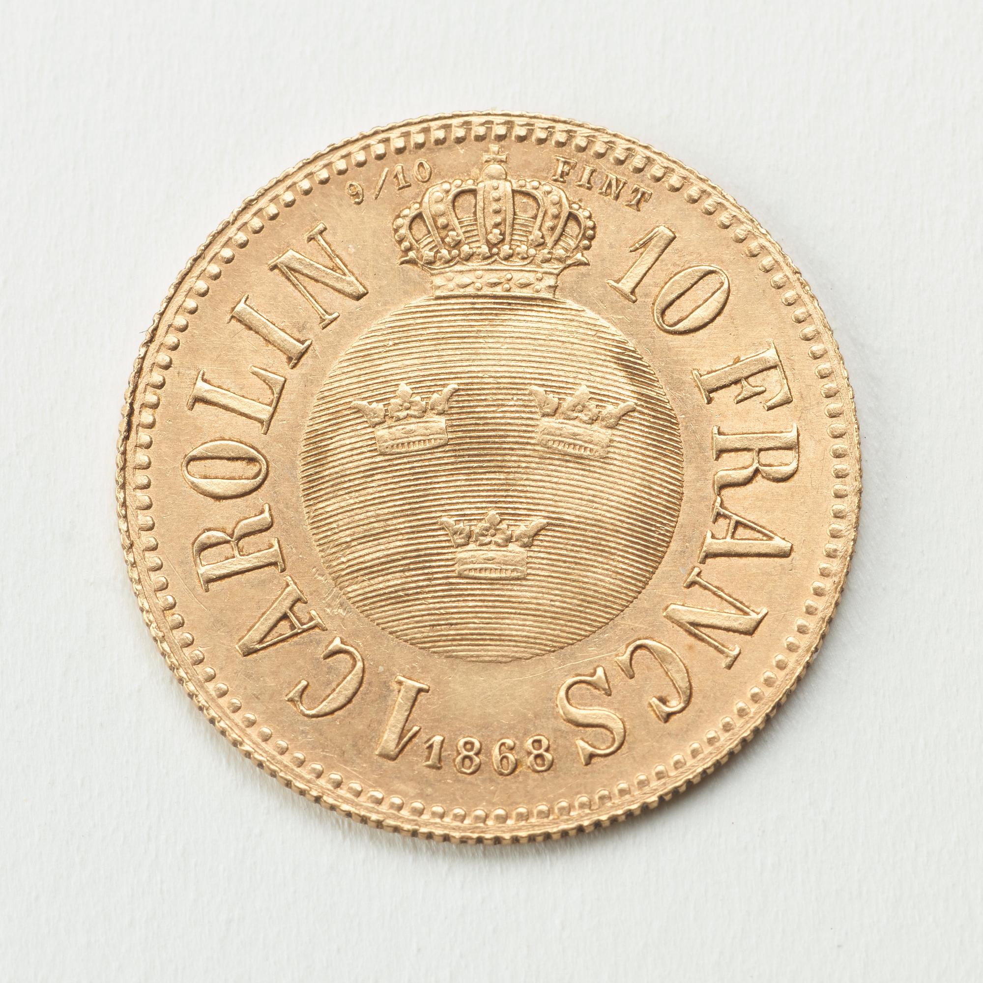 A Swedish 1 Carolin / 10 Francs in gold, with the Swedish and Norwegian King Karl XV, 1868.