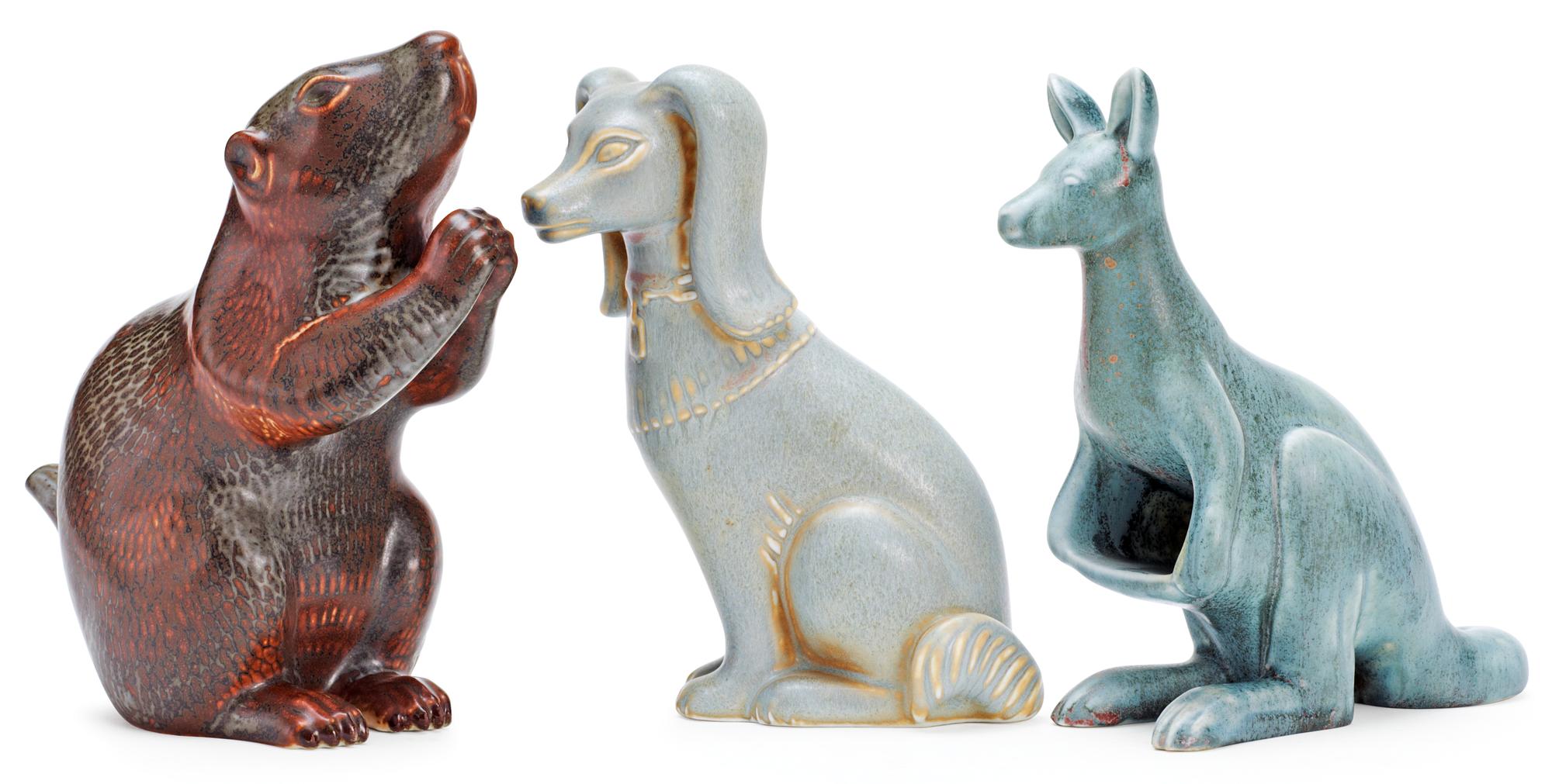 Three Gunnar Nylund stoneware figures, a kangaroo, a dog and a marmot, Rörstrand.