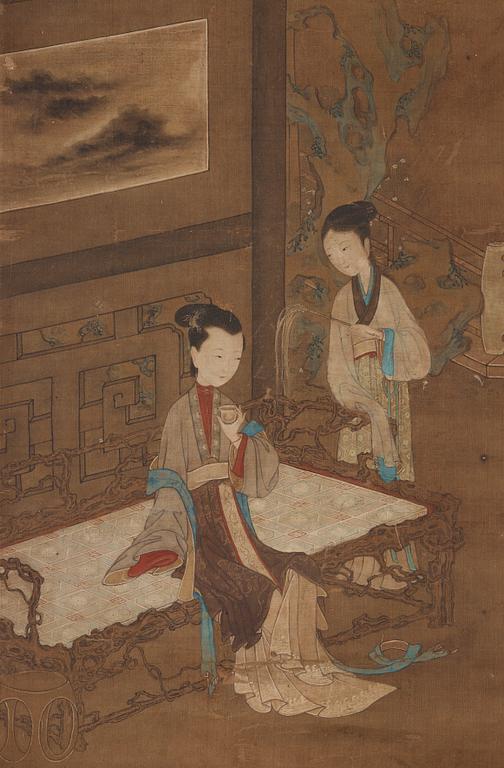 A hanging scroll of a garden scenery with ladys and maids, in the style of Qiu Ying, Qing dynasty, 19th century.