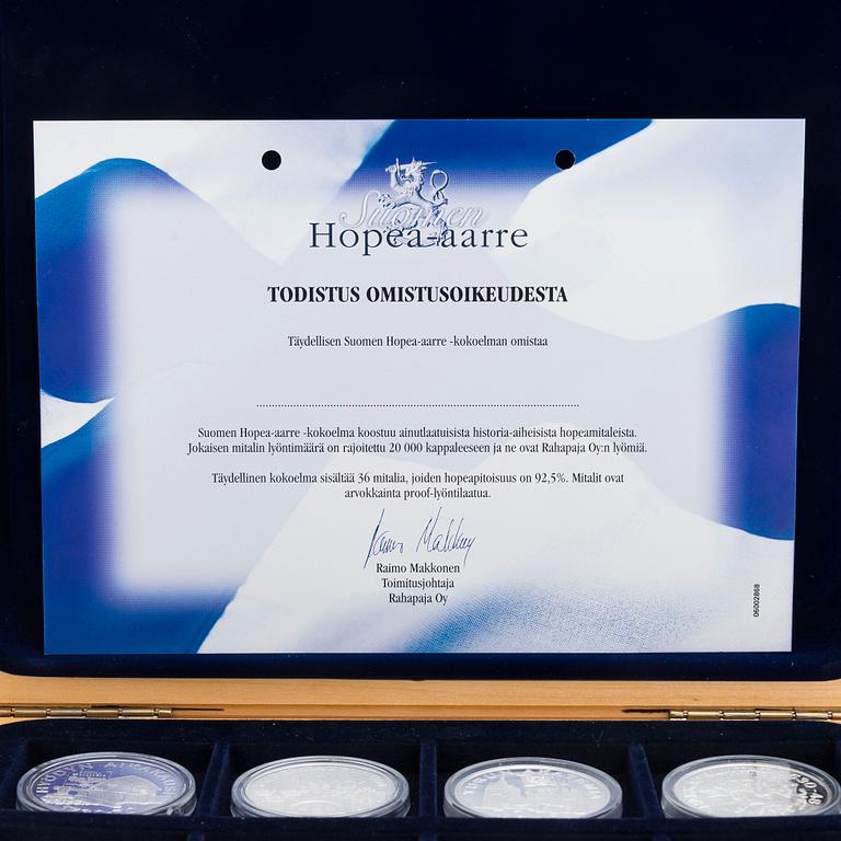 Suomen Hopea-aarre, 36 minnesmedaljer, sterling silver, Rahapaja Oy.