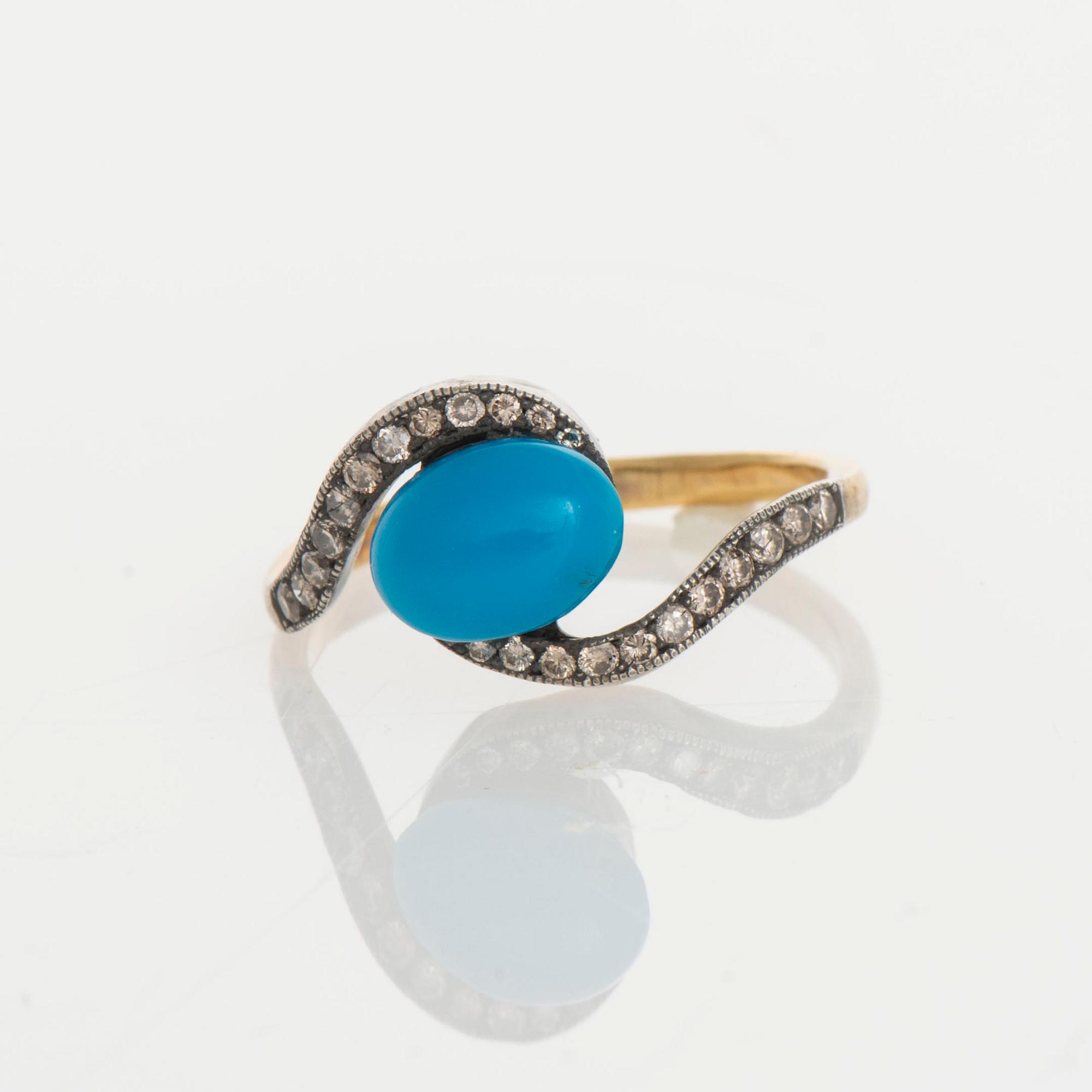 RING, guld (56), turkos, ca 2,0 ct, små diamanter totalt ca 0,50 ct. Ryska stämplar. Vikt ca 3,0 g.