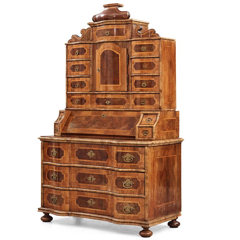 A South German late Baroque walnut and burr-walnut writing cabinet, first part of the 18th century.