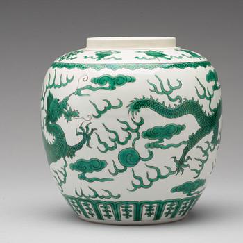 A green enamelled dragon jar, China, circa 1900.