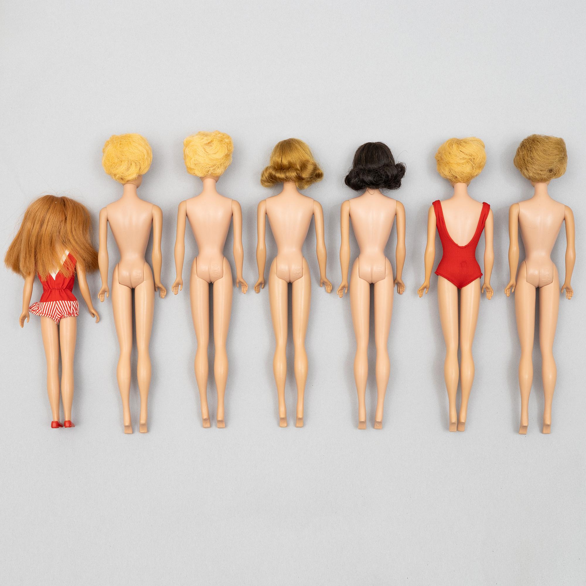 Barbiedockor, 7 st, bl a "Barbie Bubble cut", "Midge", & "Skipper", Mattel, 1960-tal.