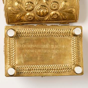 A Swedish baroque repousse brass box, dated 1707.