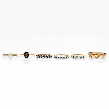 RINGAR, 6 st, mestadels 9K guld med smaragder, skapolit, cubic zirconia och troligen safirer. Total vikt ca 10,06 g.