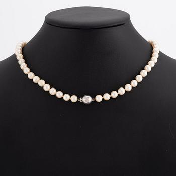 Pärlcollier, odlade pärlor med lås i 18K vitguld med små diamanter.