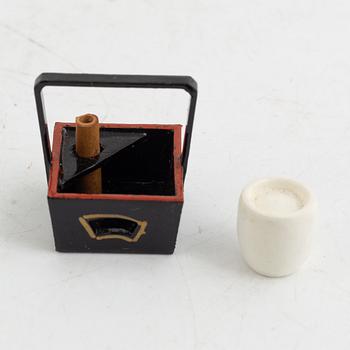 Doll, doll furniture, and table screen, Japan, wood, lacquer and paper, partly Showa, 20th century.