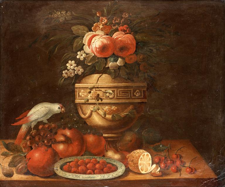 Still life with urn, fruits and parrot.