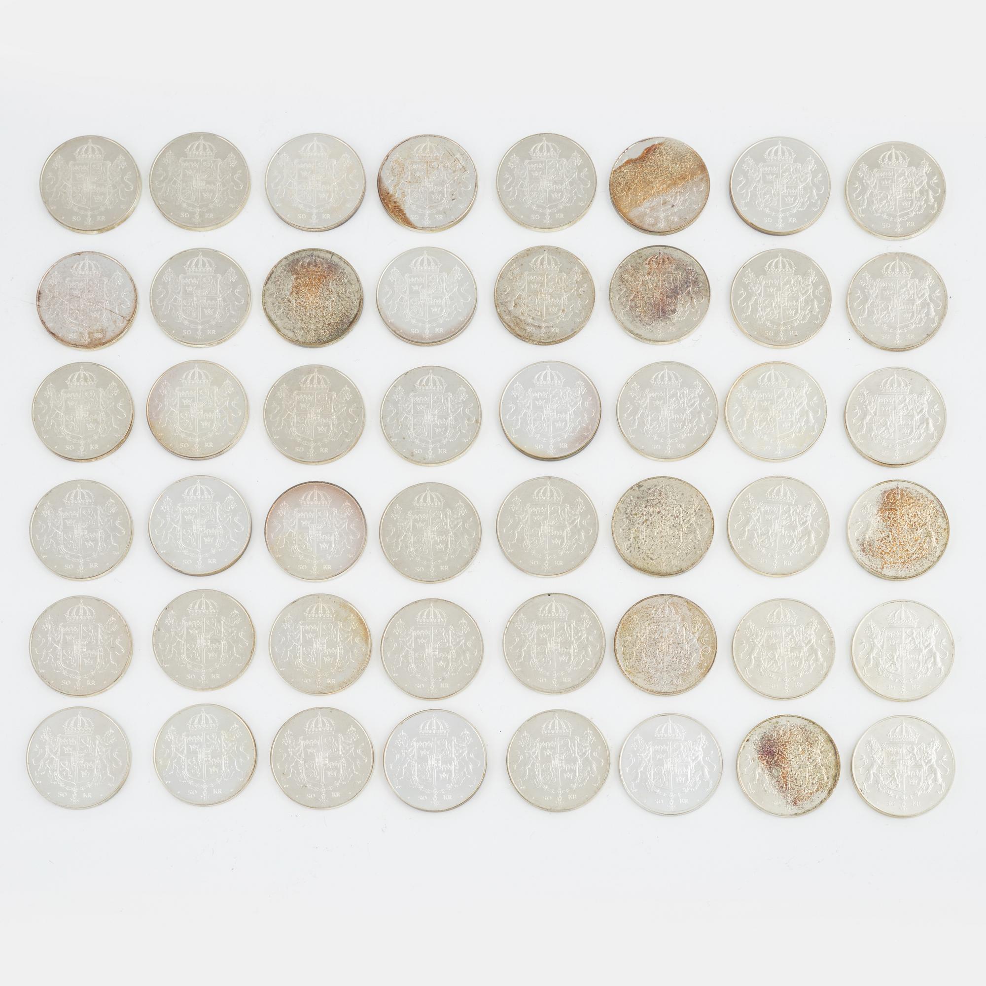 Mynt, 48 st, silver, Sverige 50 kronor, det kungliga bröllopet 1976.
