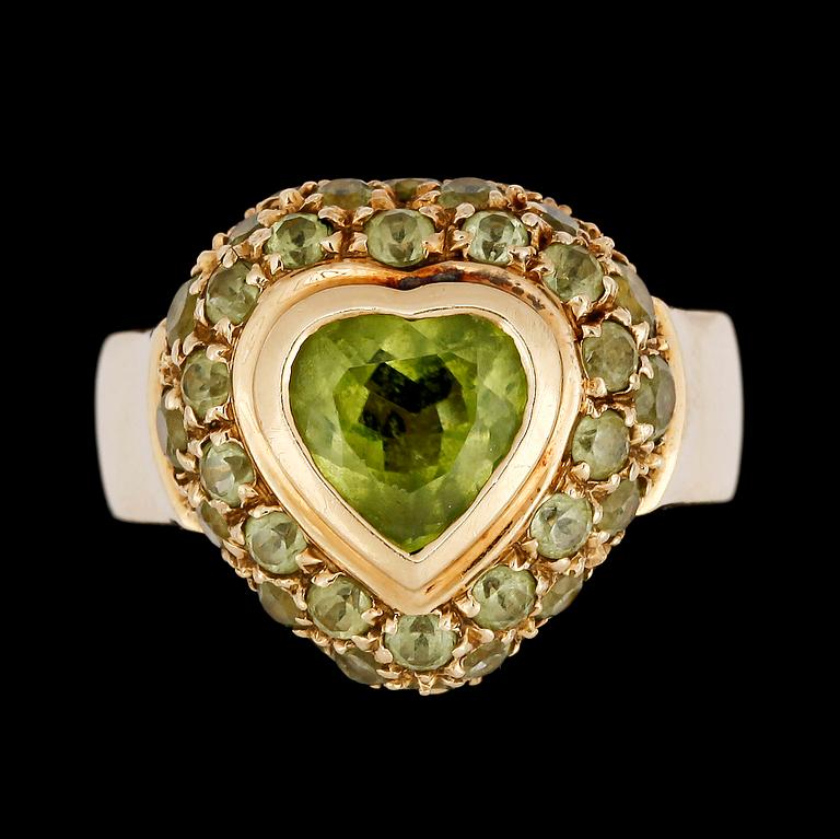 A heart cut peridote ring.