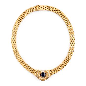 Gold, sapphire and round brilliant cut diamond necklace.