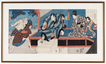 Utagawa Kunisada, triptyk, färgträsnitt. Japan, 1800-tal.