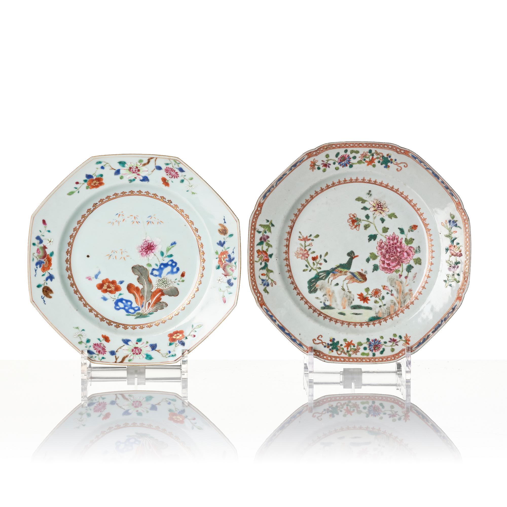 Two Chinese famille rose porcelain plates, Qing dynasty, Qianlong (1736-95).