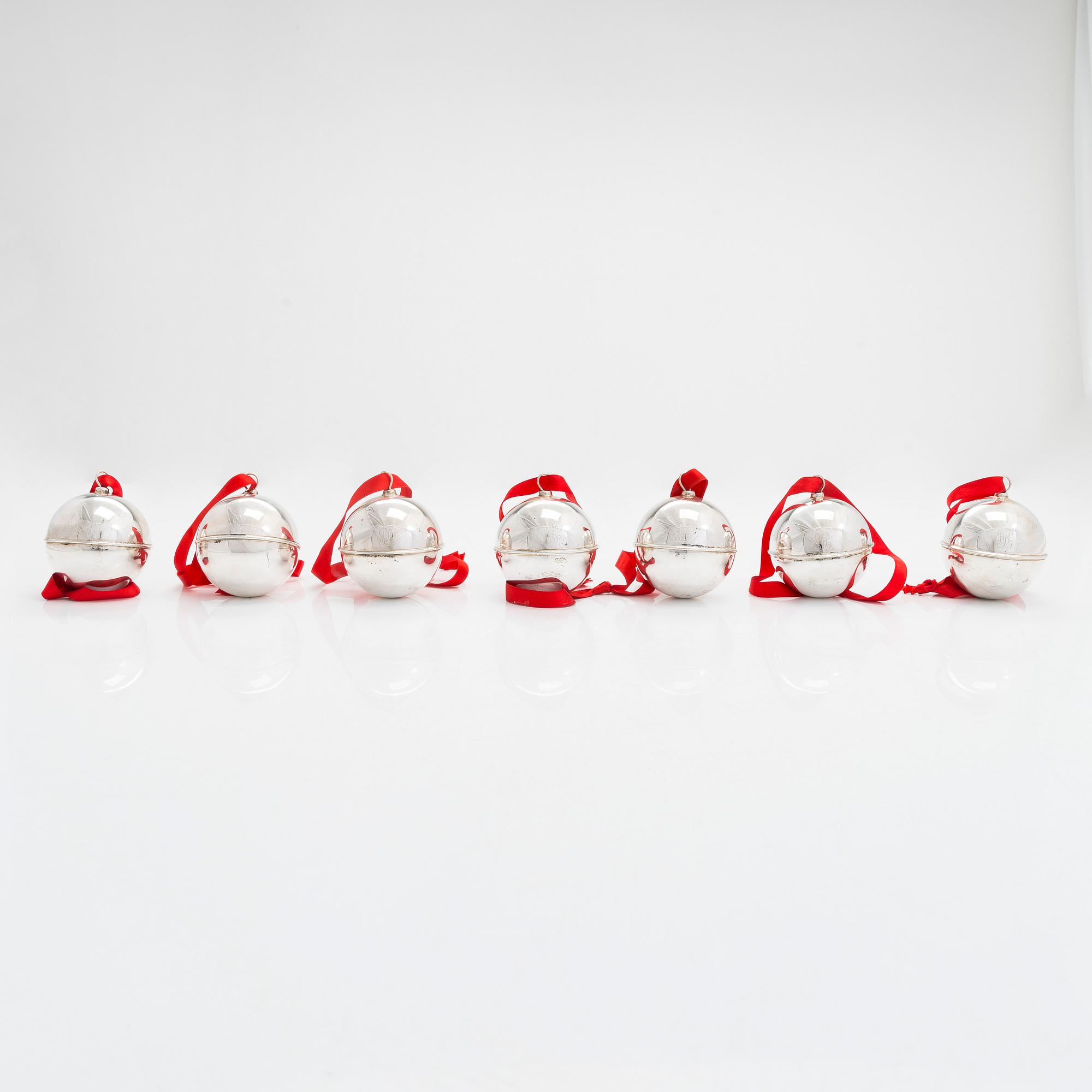 A set of seven sterling silver Christmas ball ornaments, Turku 1995-96.