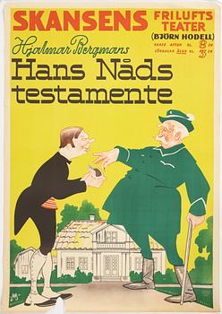 A lithographic poster, 'Skansens Friluftsteater Hjalmar Bergmans Hans Nåds testamente', Rokotryck, A.-B. Kopia, Sthlm.