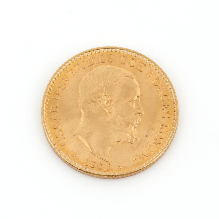 GULDMYNT, 10 kronor, Oscar II, Sverige och Norge 1901. Vikt ca 4,5 g.