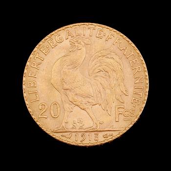 GULDMYNT, 20 franc, Frankrike, 1913. Vikt ca 6 gram.