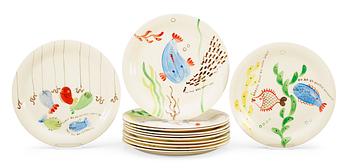 A set of twelve Stig Lindberg creamware plates 'Löja', Gustavsberg 1948-62.