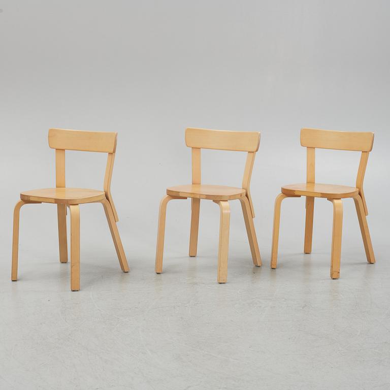 Alvar Aalto, a set of three model 69 chairs, Artek, Finland.