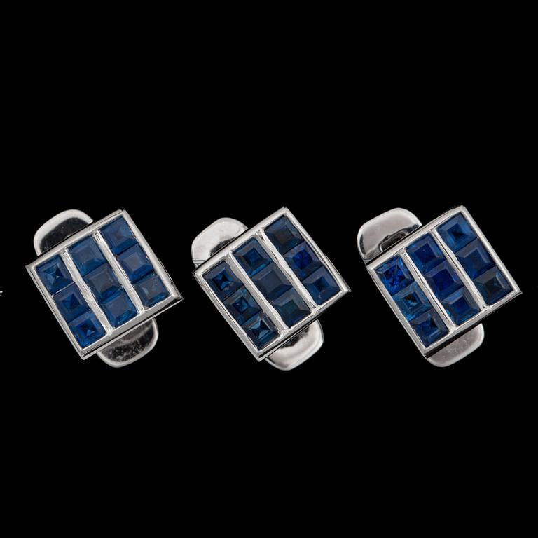 A set of matching sapphires cufflinks and tailcoat buttons.