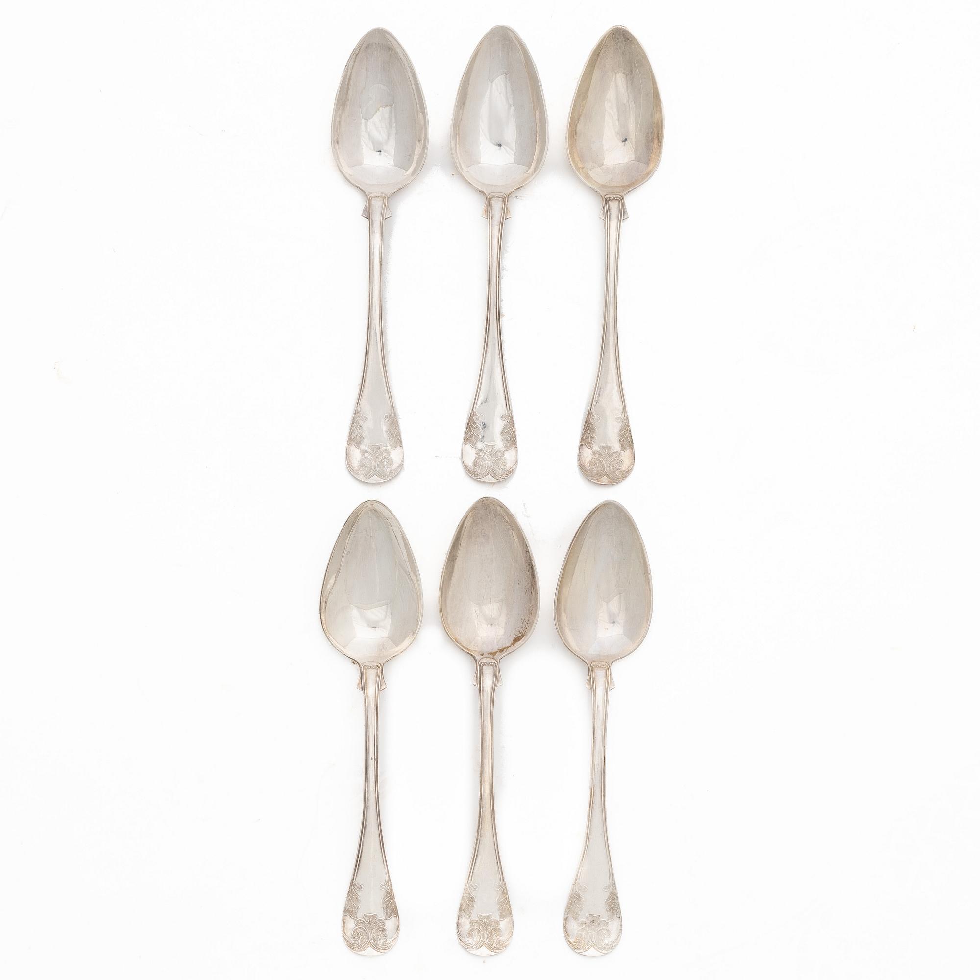 Olaus Andersson, matskedar, 6 st, silver, modell "Gammal fransk", Halmstad 1901-1902.